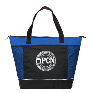 Blue insulated tote bag with black front and white PA's Neighborhood logo
